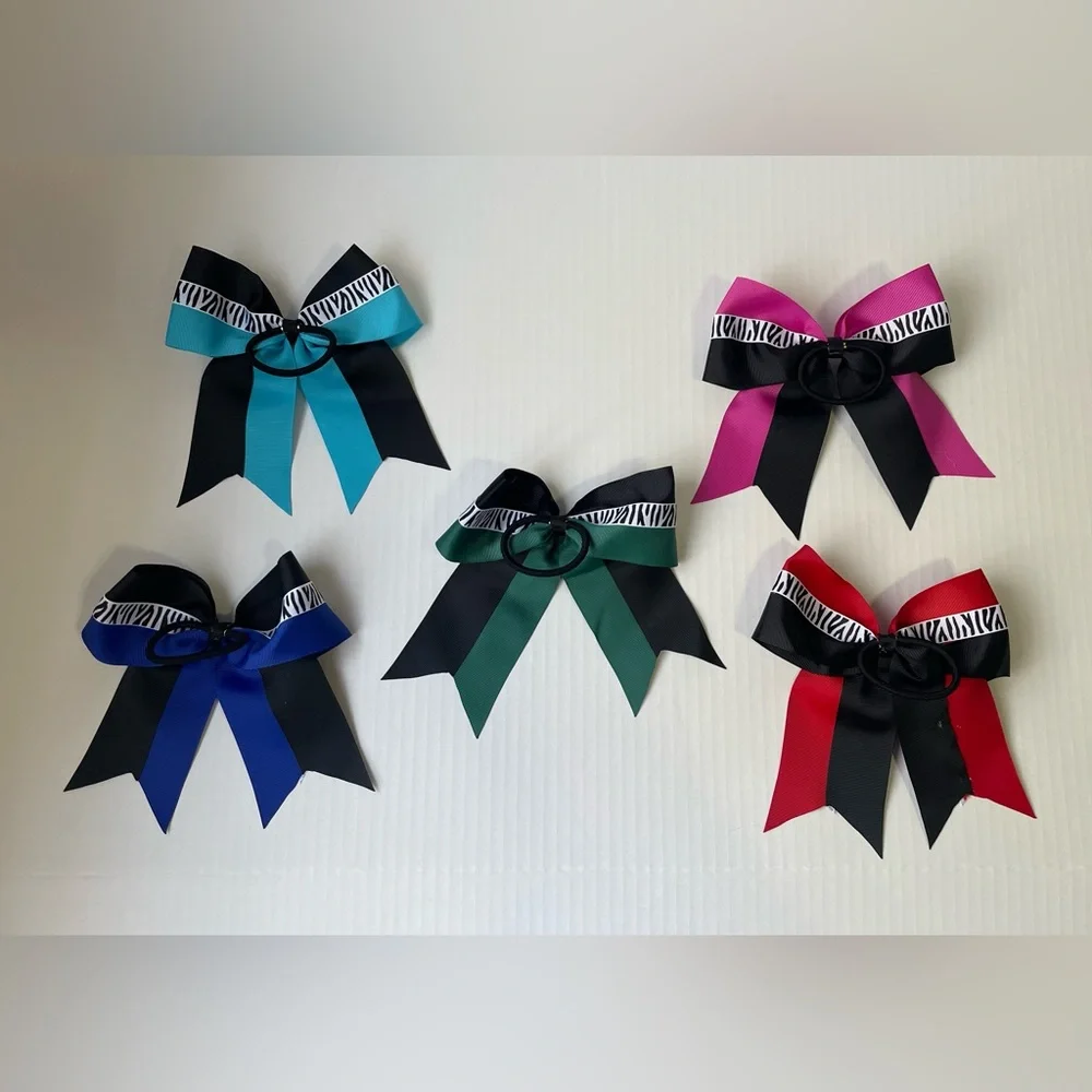 5 Piece 7 inch Zebra Animal Print Pony Tail Cheer Bows